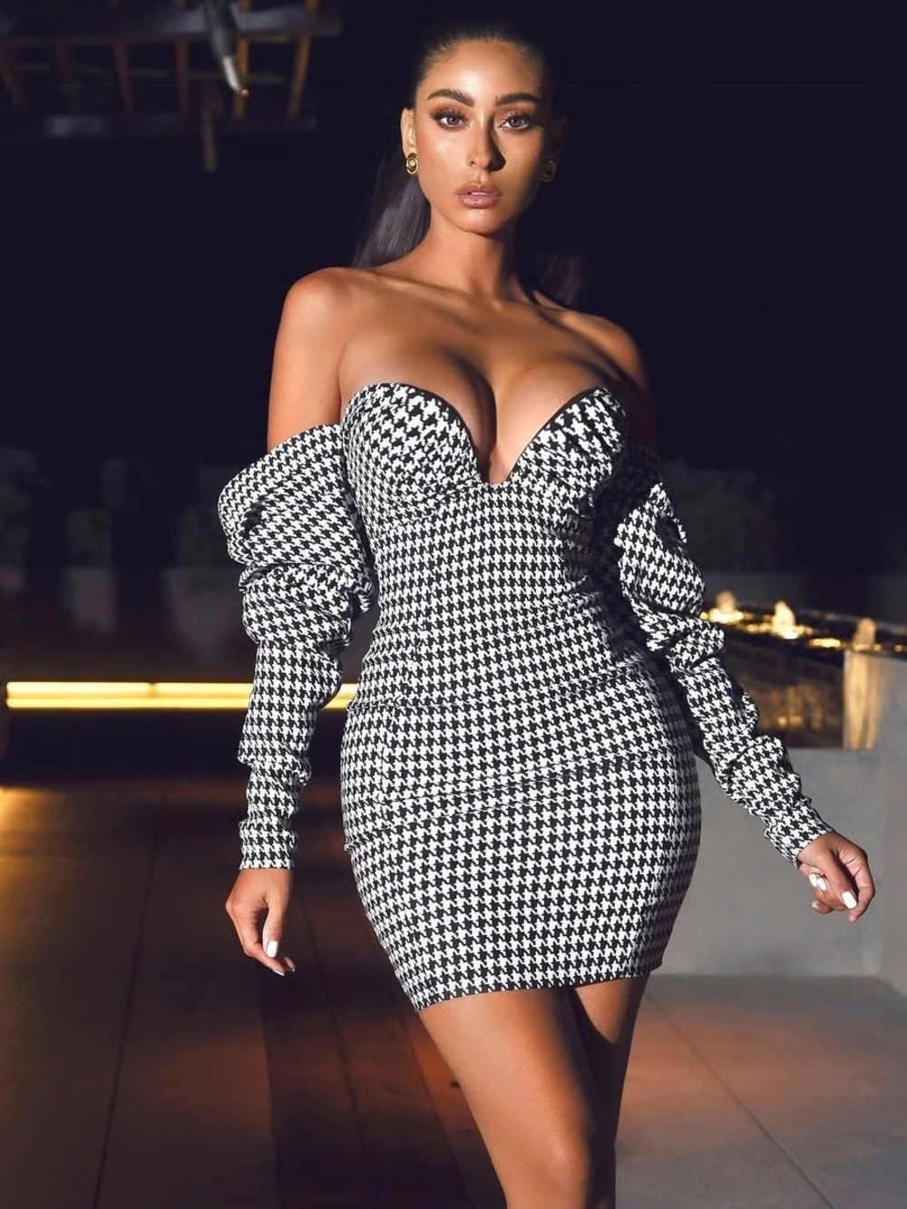 Miss Circle Kylie Houndstooth Off The Shoulder Woven Mini Dress Sweetheart Small